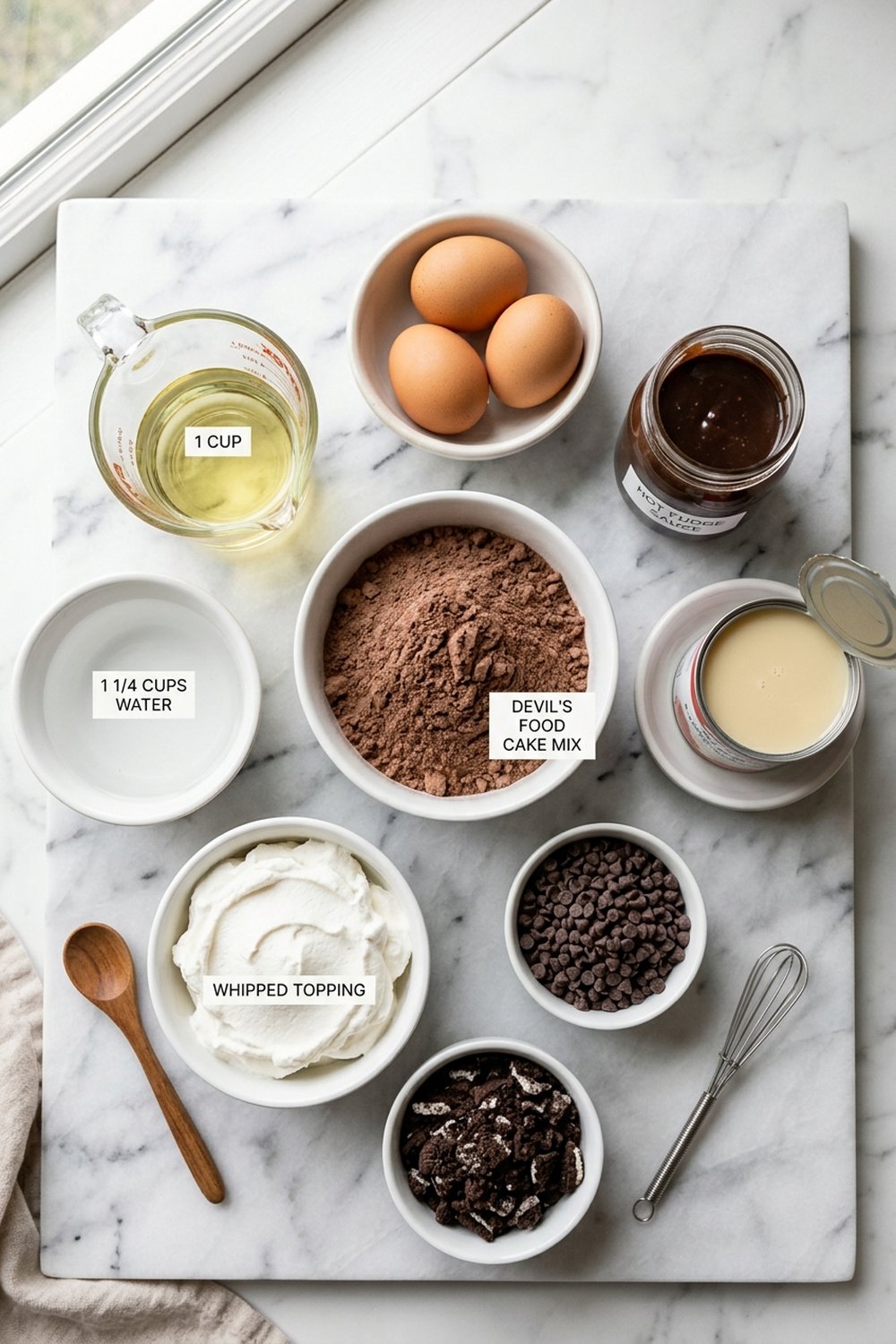 Ingredients for Chocolate Fudge Poke Cake