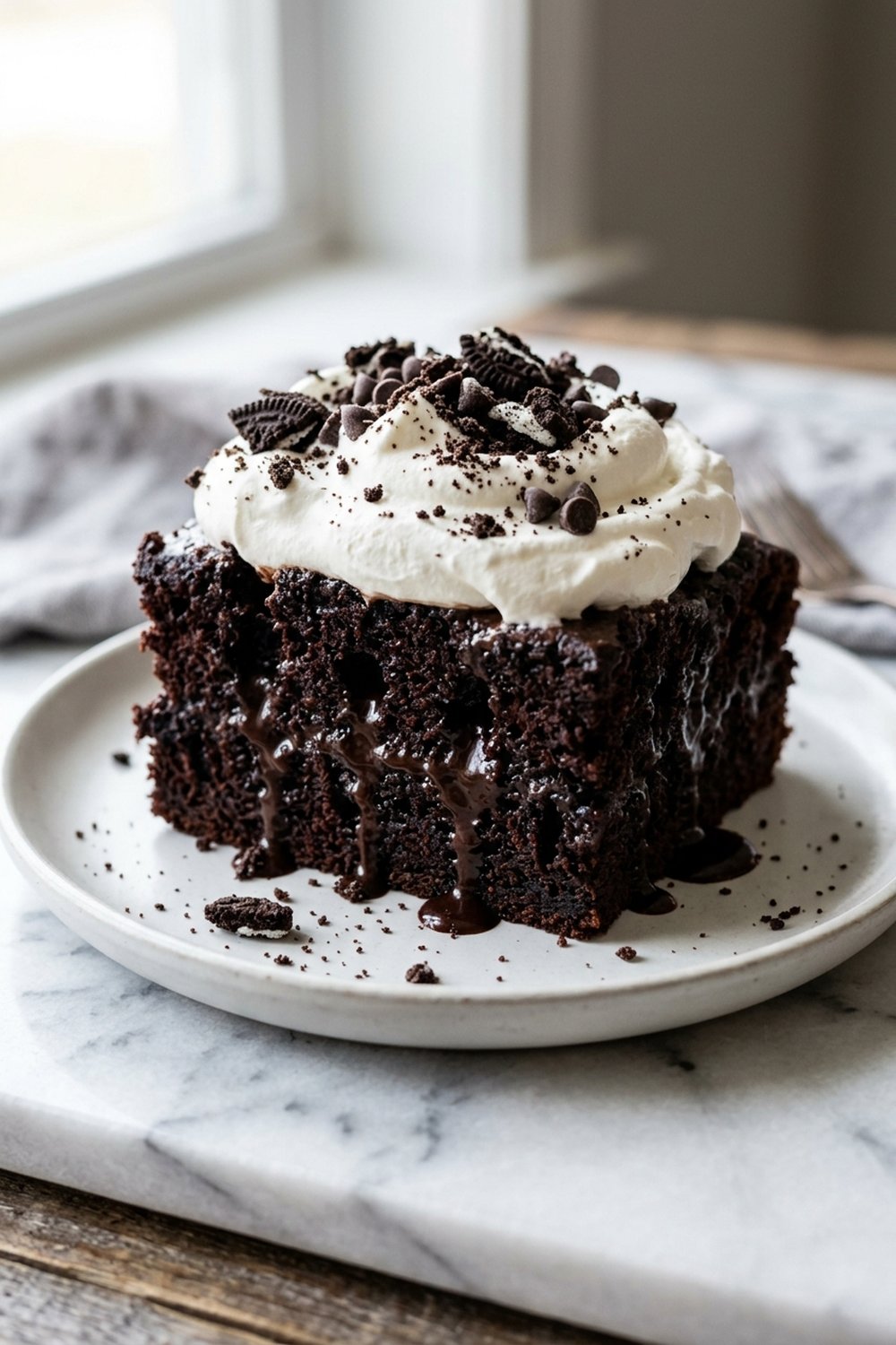 Close up of Chocolate Fudge Poke Cake