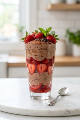Chocolate Strawberry Protein Parfait served on a plate
