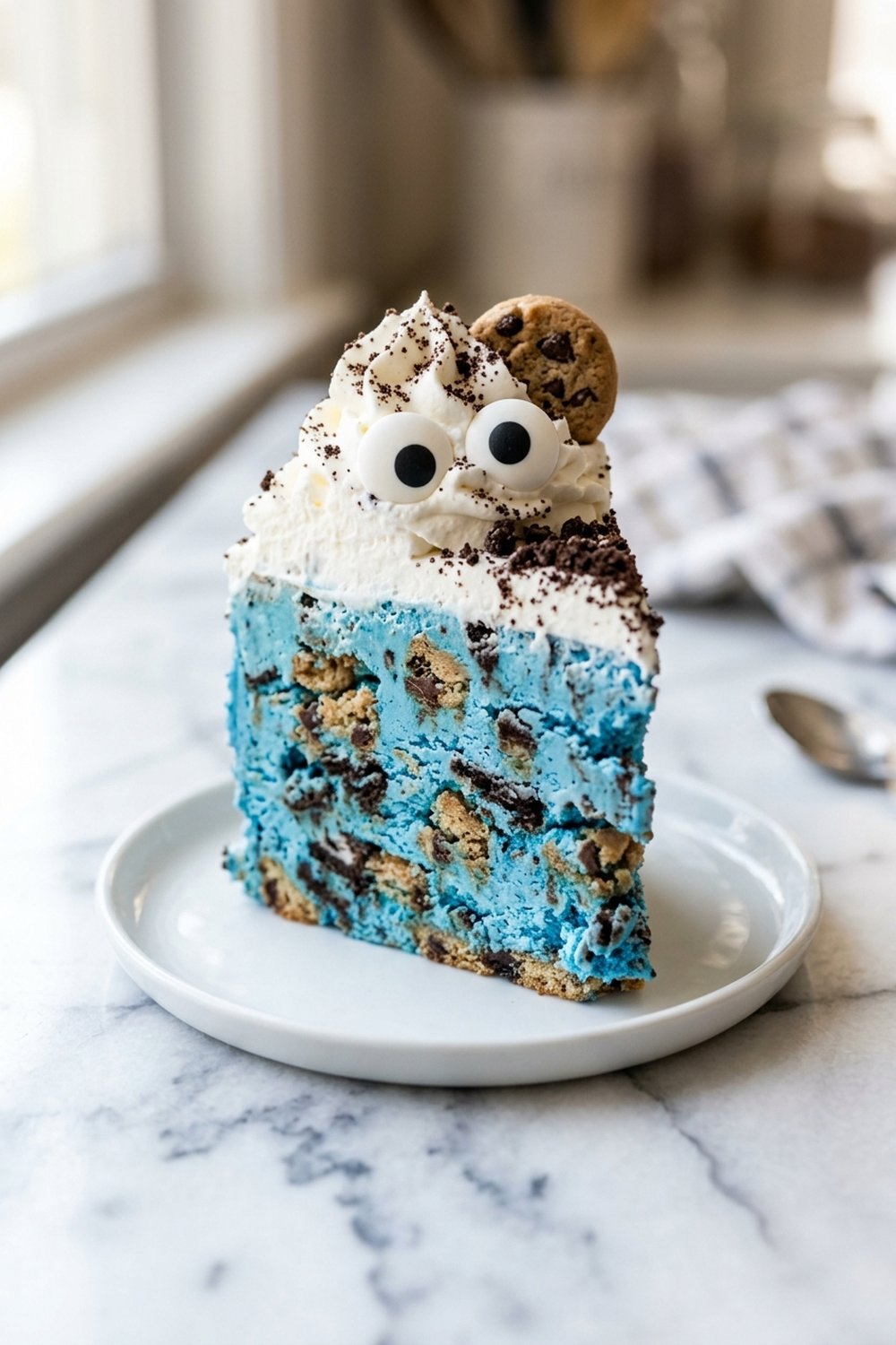 Close up of Cookie Monster Ice Cream Cake