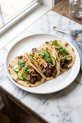 Crispy Beef Bulgogi Tacos served on a plate