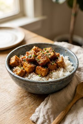 Crispy Honey Garlic Tofu Bowls served on a plate
