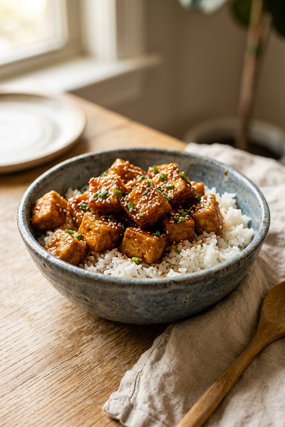 Crispy Honey Garlic Tofu Bowls hero shot