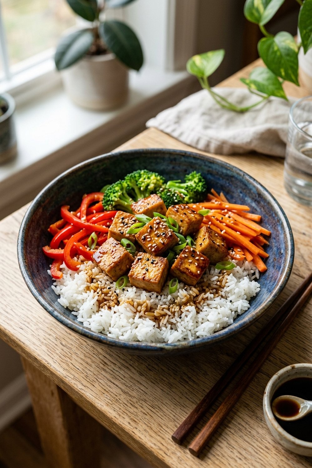 Crispy Honey Garlic Tofu Bowls close up