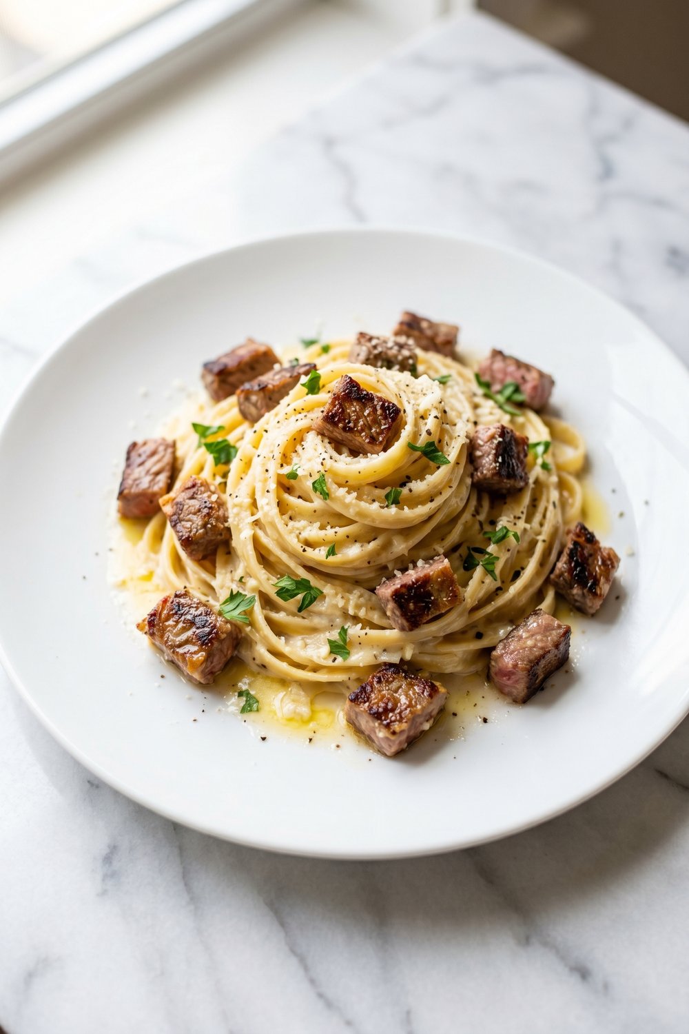 Garlic Butter Steak Pasta served on a plate