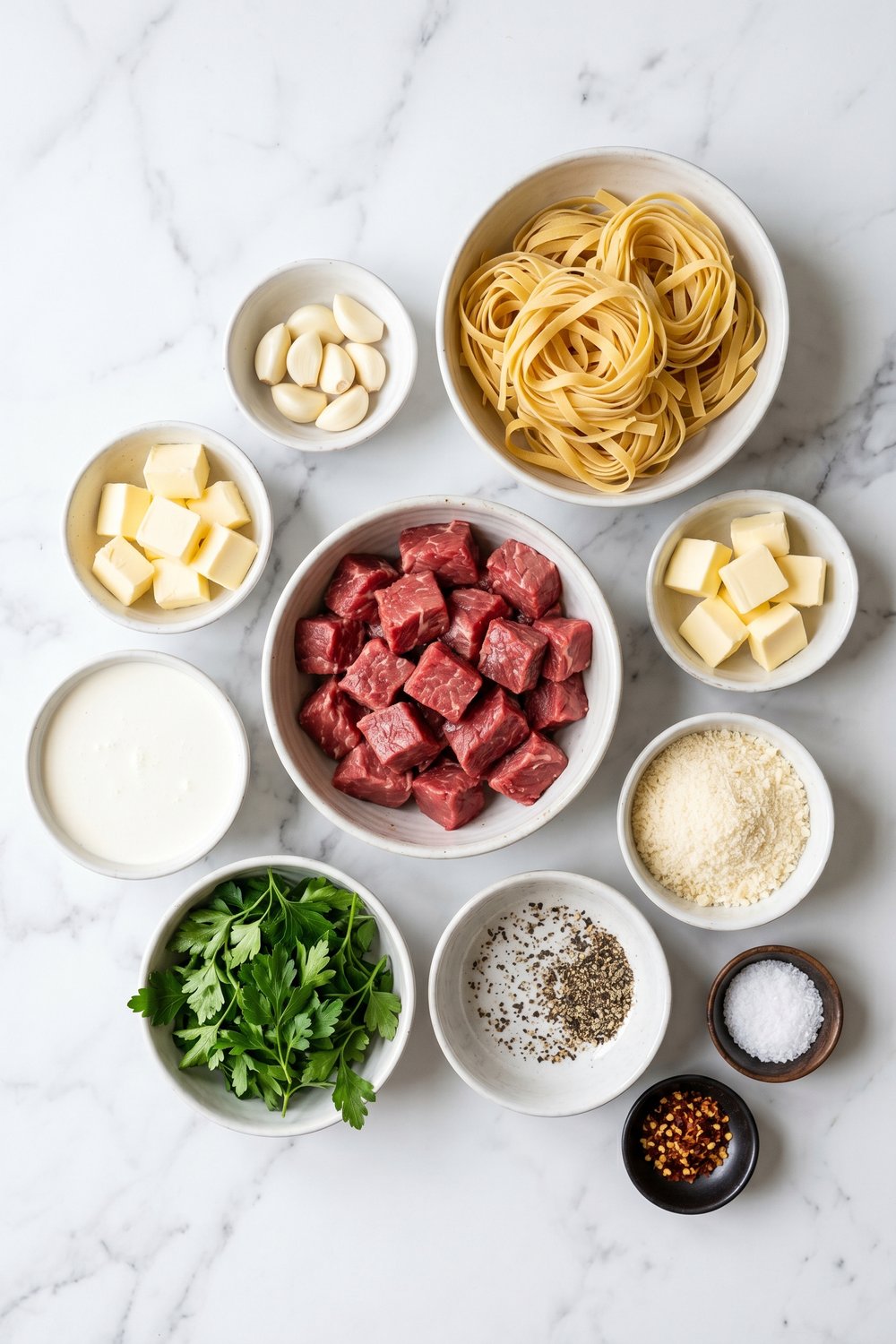 Ingredients for Garlic Butter Steak Pasta