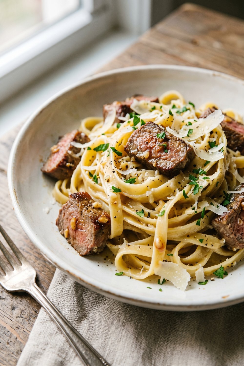 Garlic Butter Steak Pasta close up