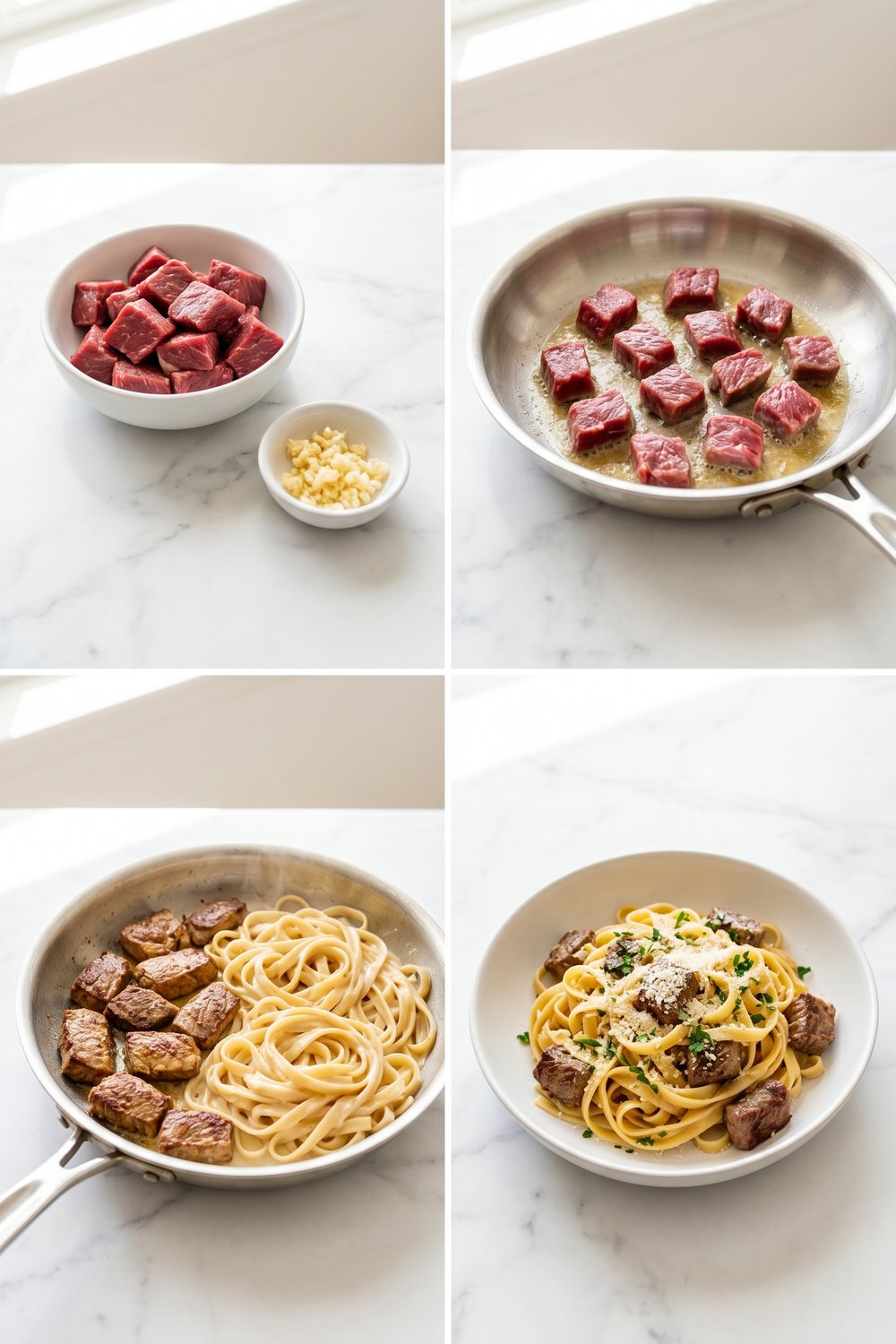 Step by step Garlic Butter Steak Pasta