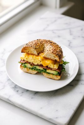 High Protein Bagel Breakfast Sandwich served on a plate