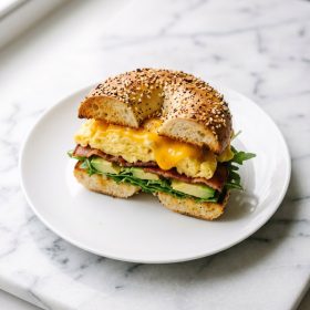 High Protein Bagel Breakfast Sandwich served on a plate