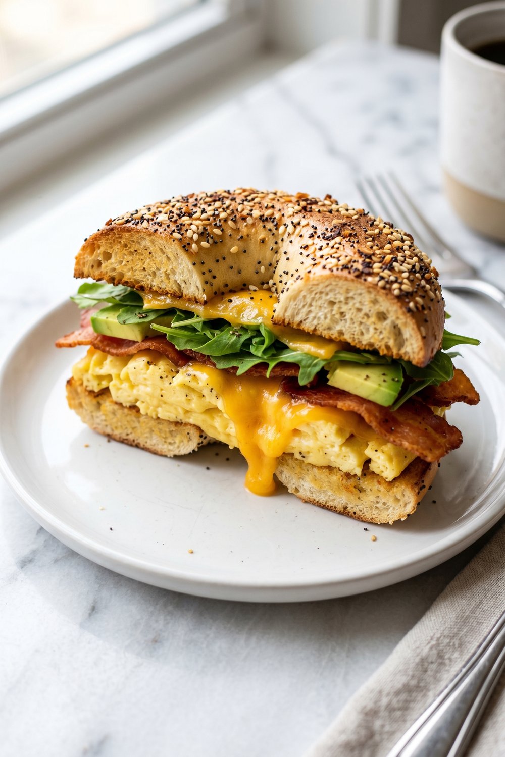 High Protein Bagel Breakfast Sandwich close up