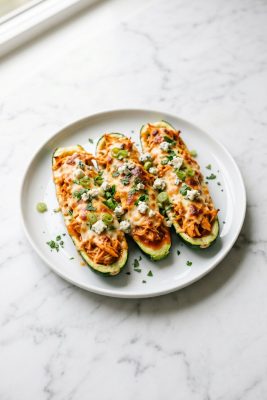 Keto Buffalo Chicken Zucchini Boats served on a plate