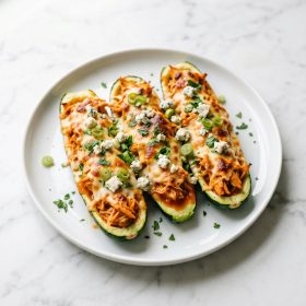 Keto Buffalo Chicken Zucchini Boats served on a plate