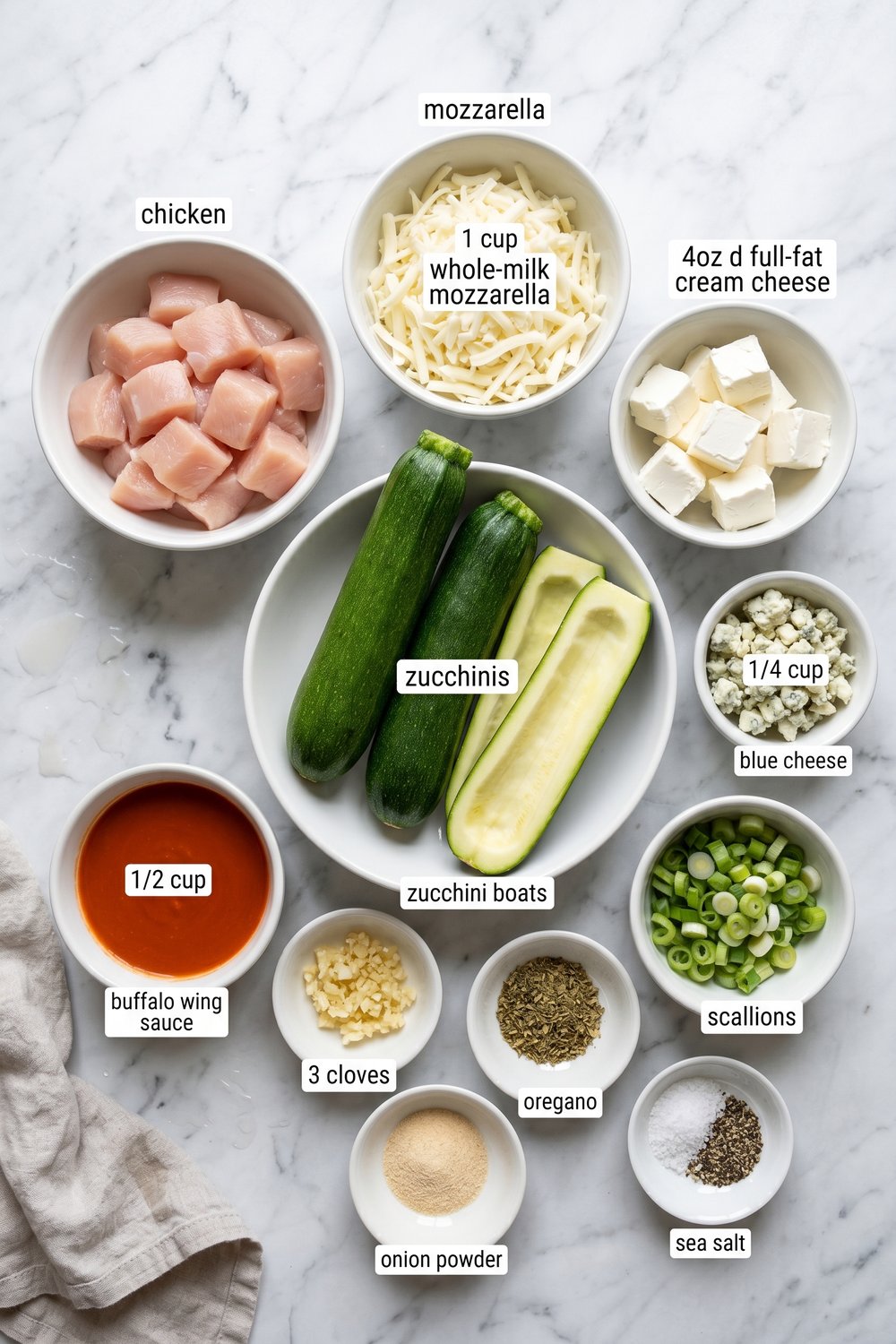 Ingredients for Keto Buffalo Chicken Zucchini Boats