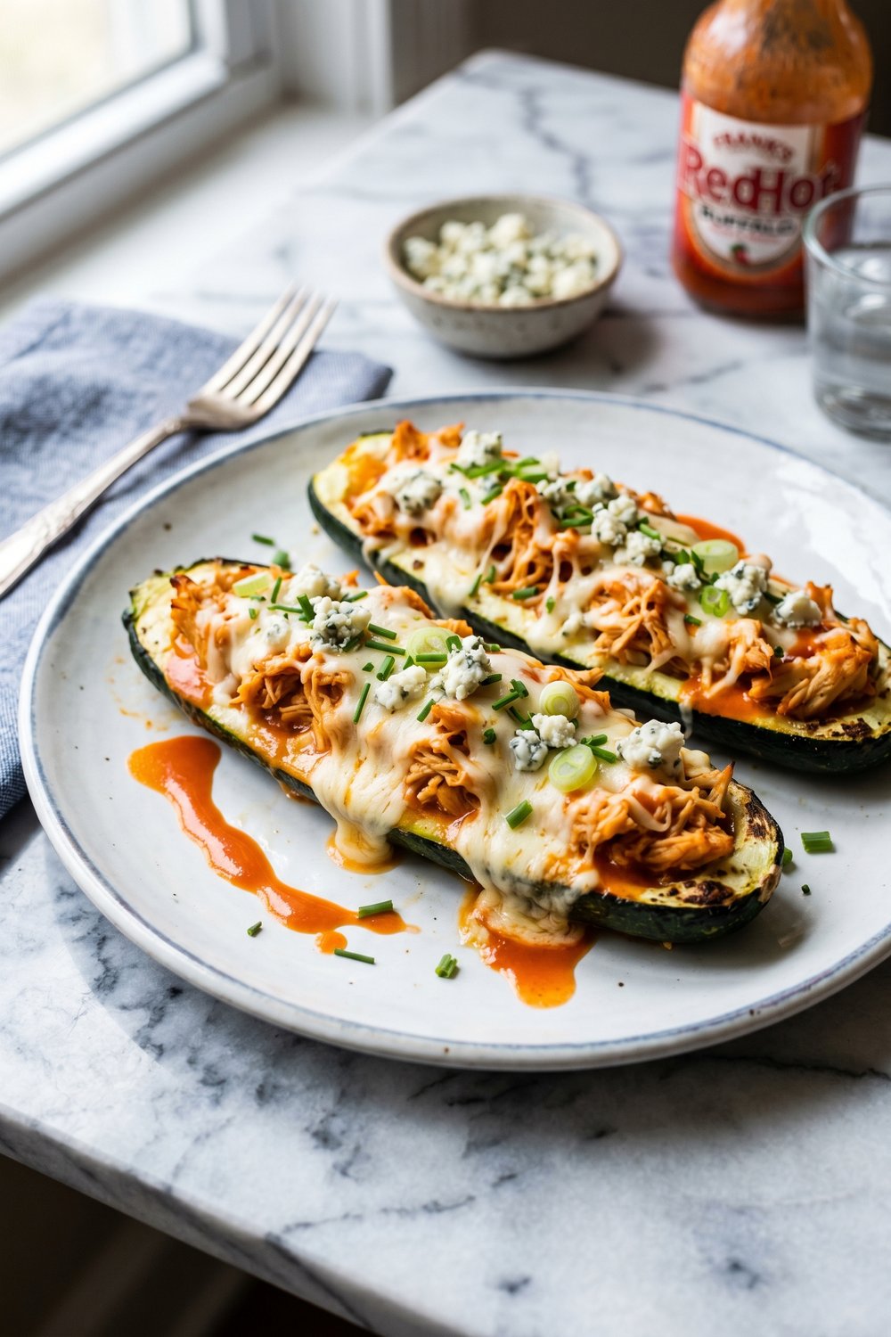Keto Buffalo Chicken Zucchini Boats close up