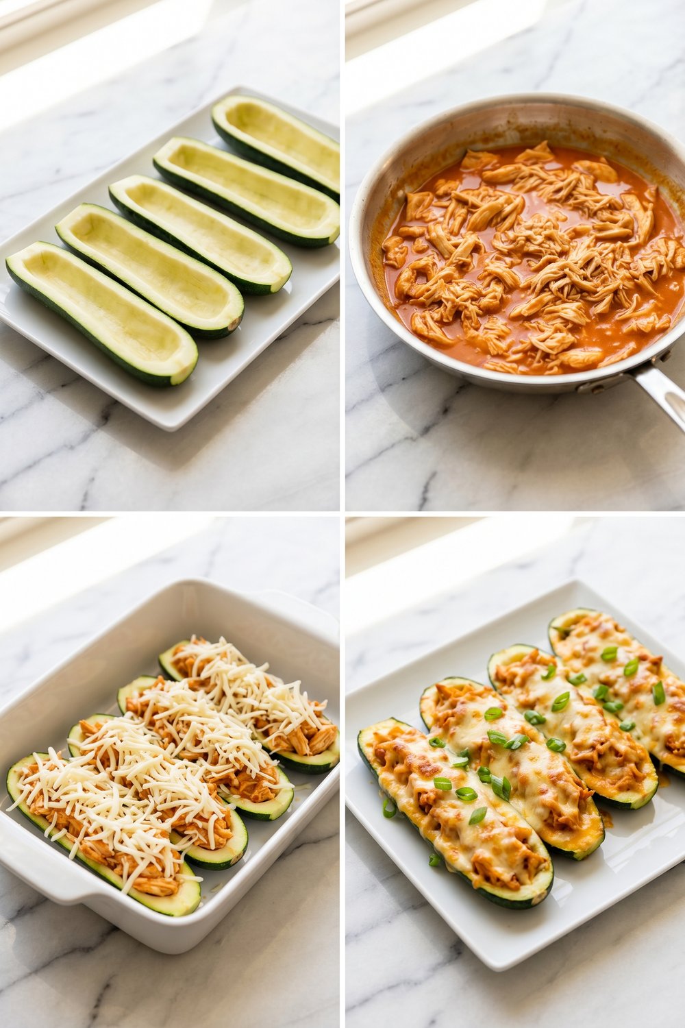 Step by step Keto Buffalo Chicken Zucchini Boats