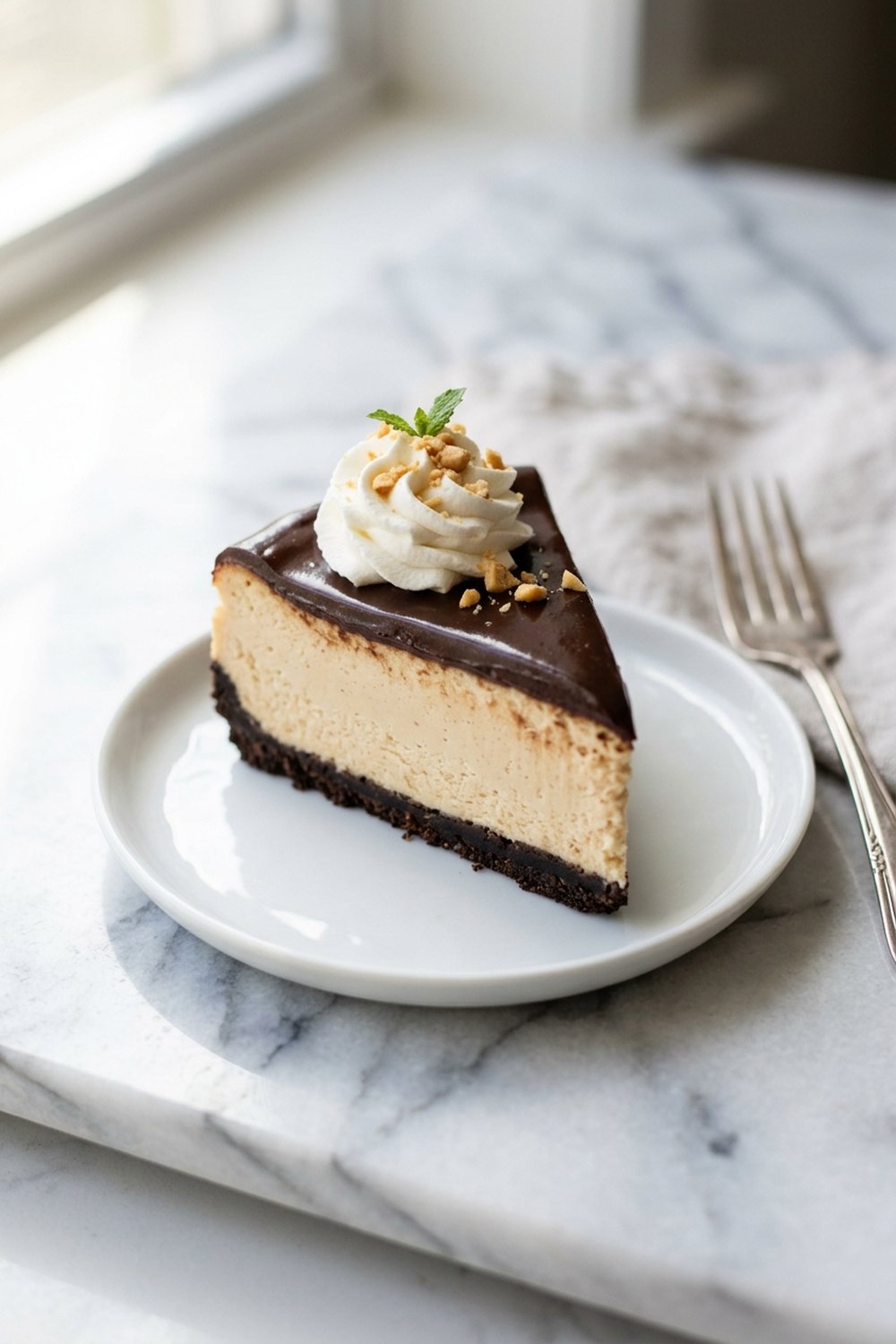 Keto Chocolate Peanut Butter Cheesecake hero shot