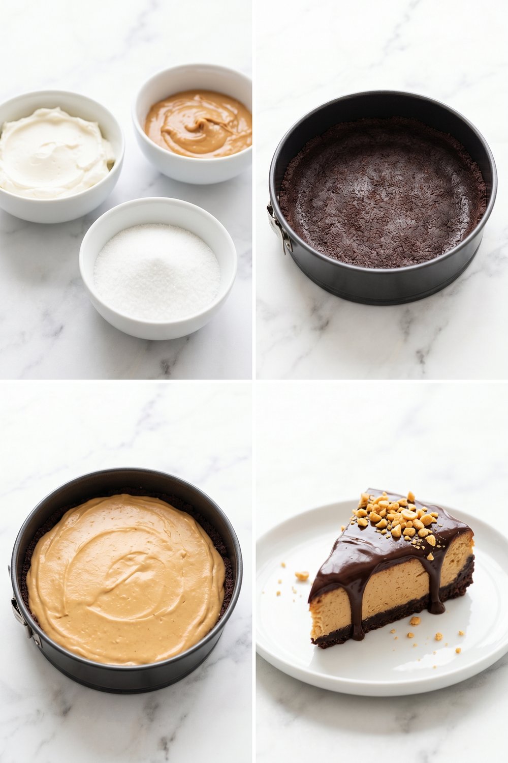 Step by step Keto Chocolate Peanut Butter Cheesecake
