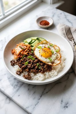 Korean Ground Beef Rice Bowls served on a plate