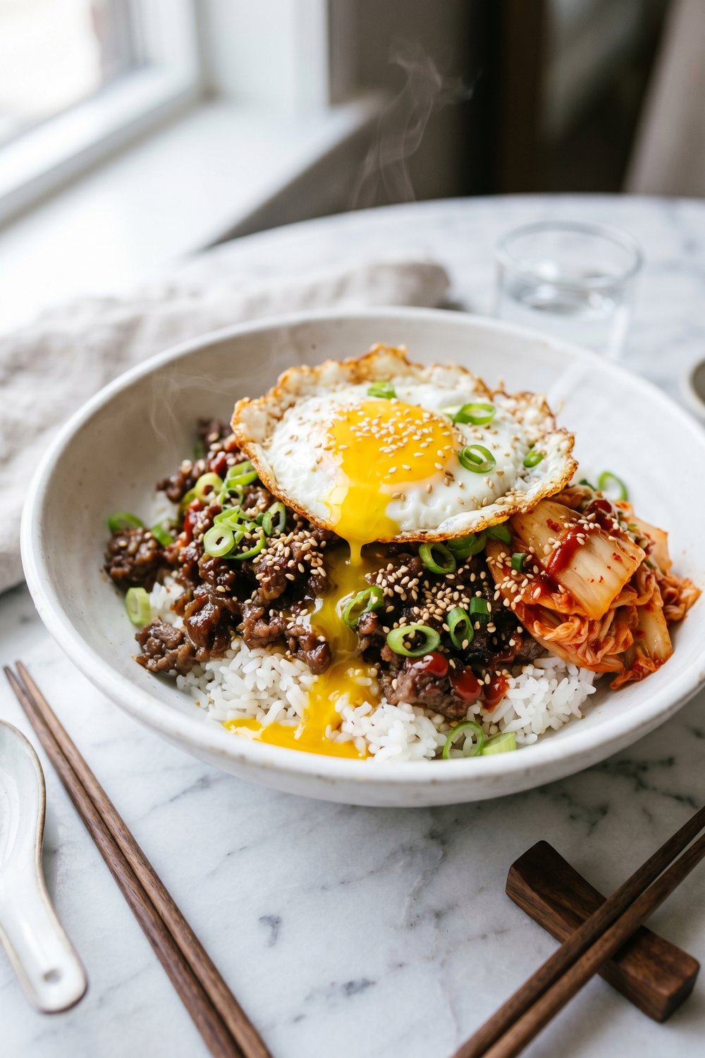 Korean Ground Beef Rice Bowls close up