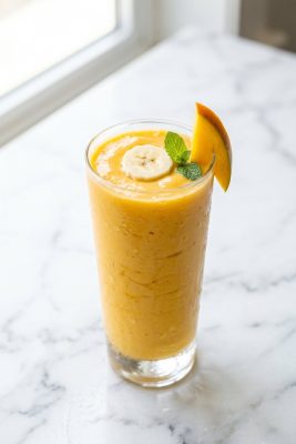 Mango Banana Protein Smoothie served on a plate