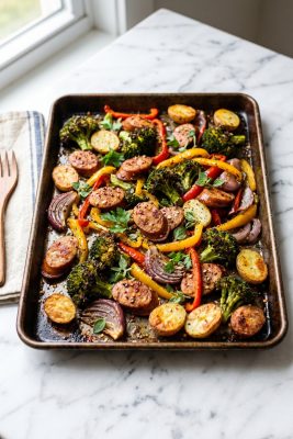 Sheet Pan Sausage and Veggies served on a plate