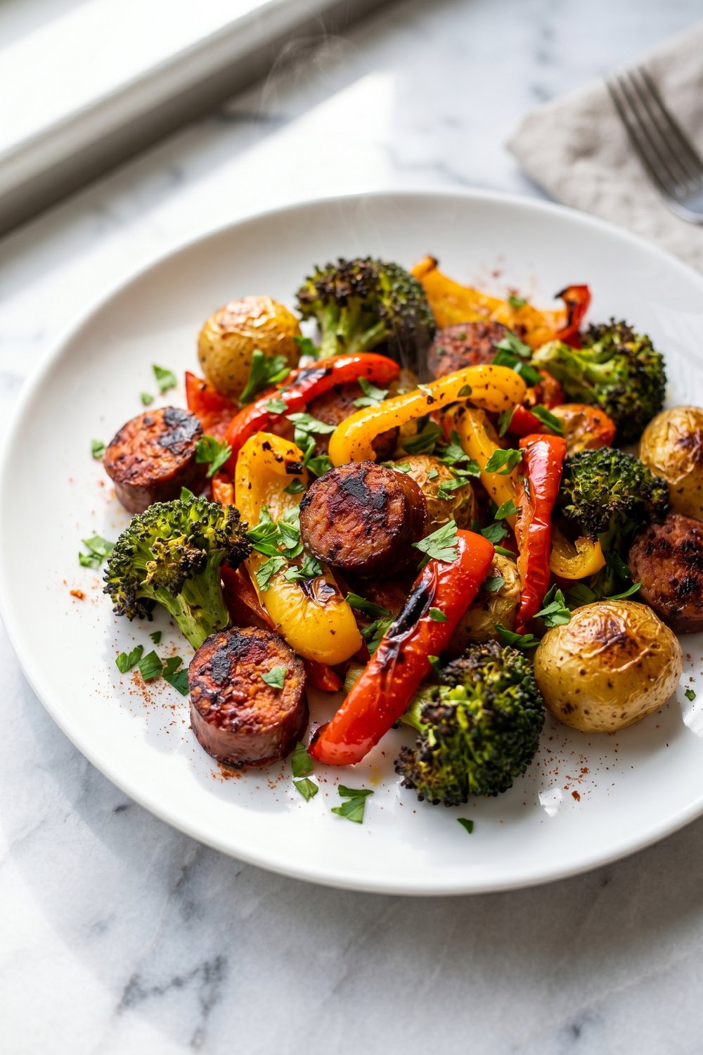 Sheet Pan Sausage and Veggies close up