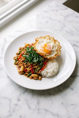 Spicy Thai Basil Chicken (Pad Krapow Gai) served on a plate