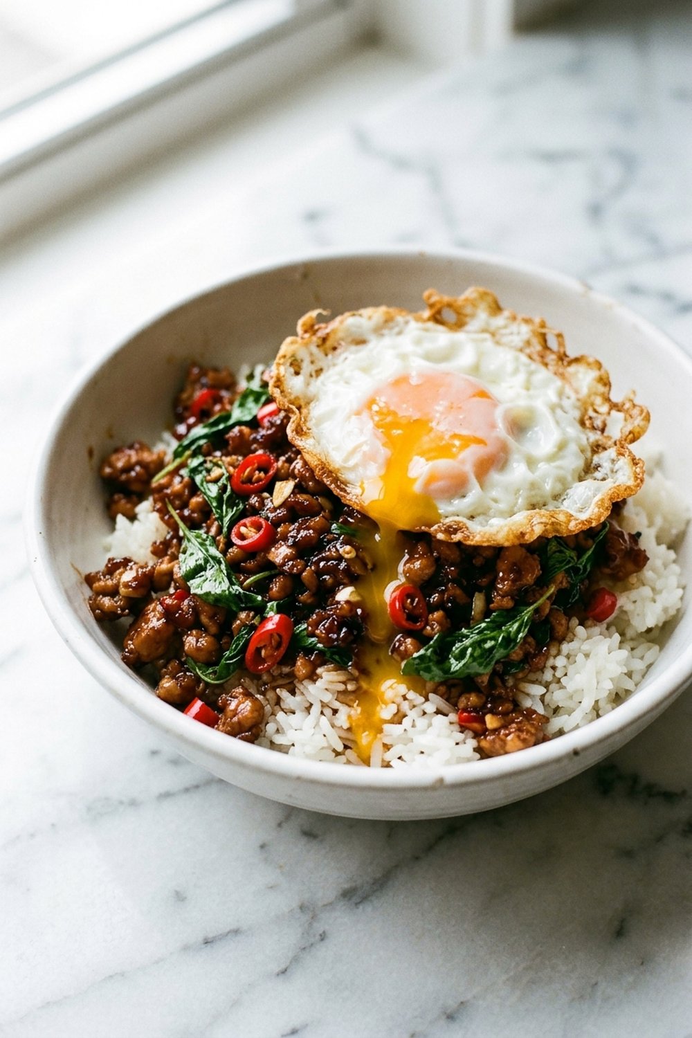 Spicy Thai Basil Chicken (Pad Krapow Gai) close up