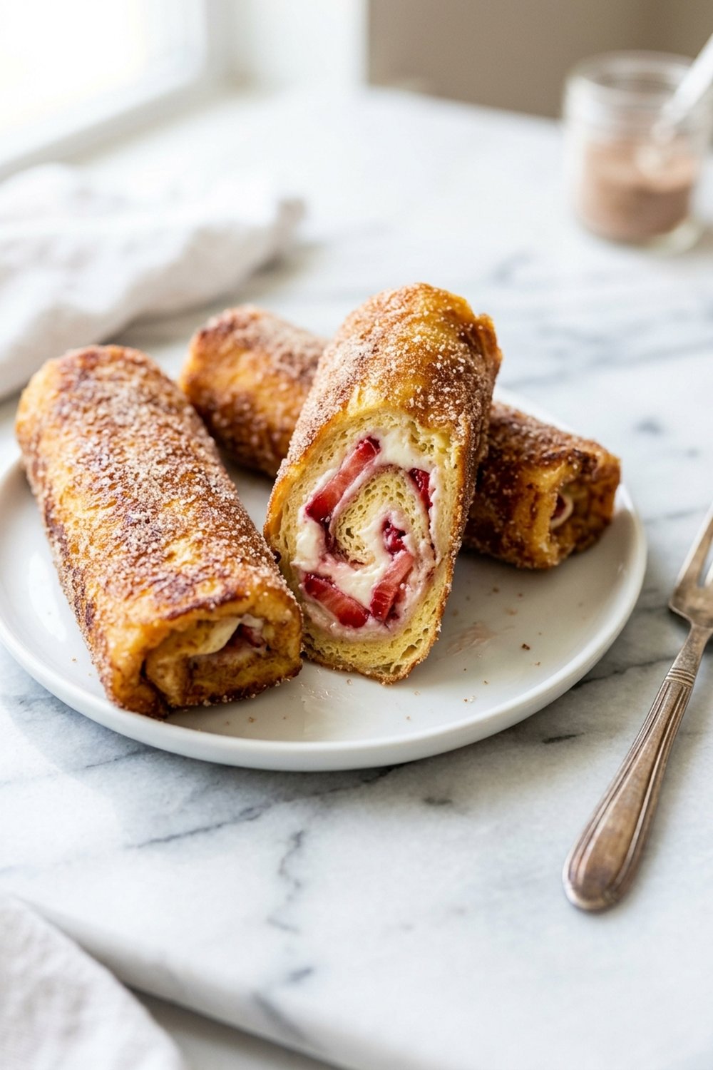 Close up of Strawberry Cheesecake French Toast Roll Ups