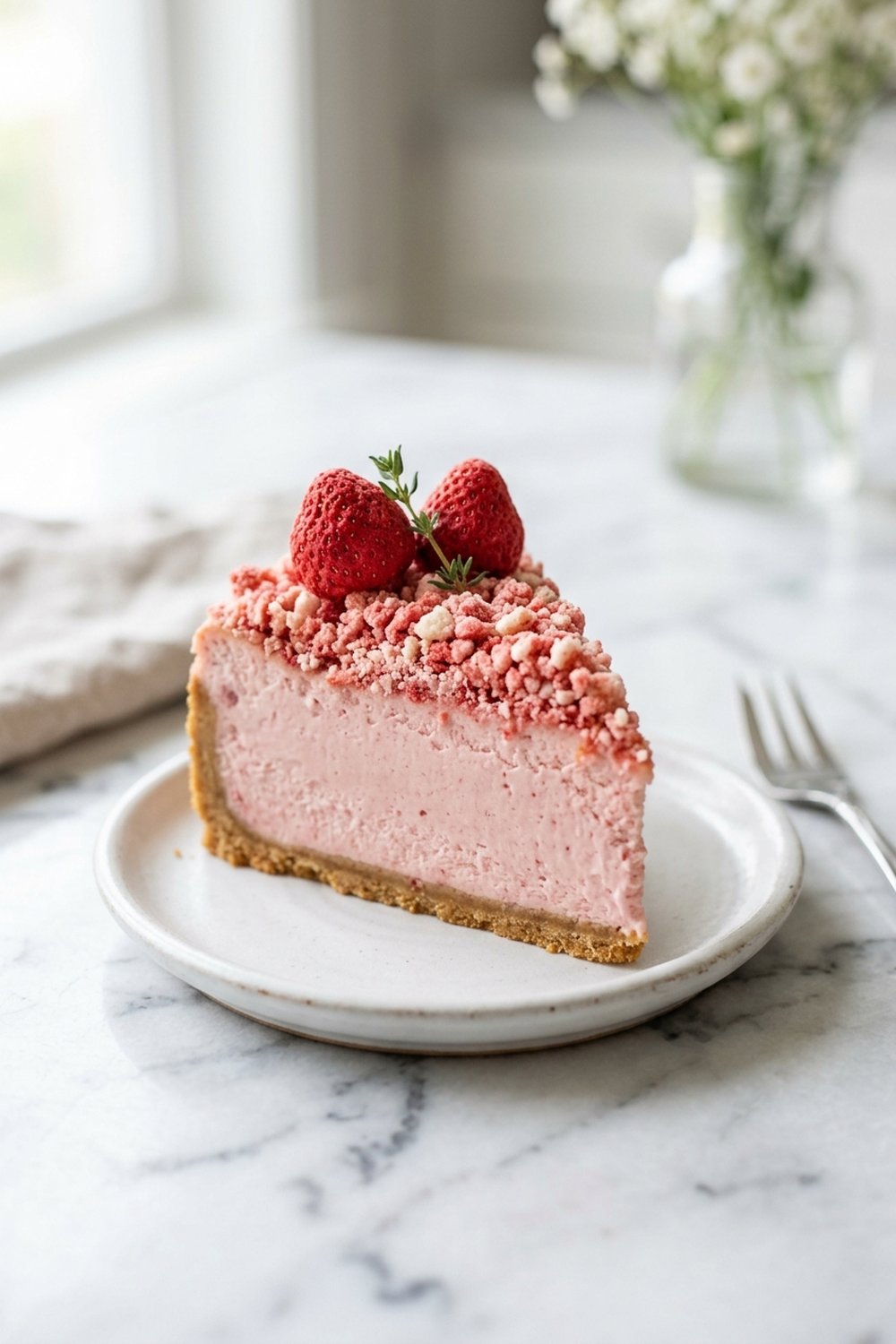 Close up of Strawberry Crunch Cheesecake