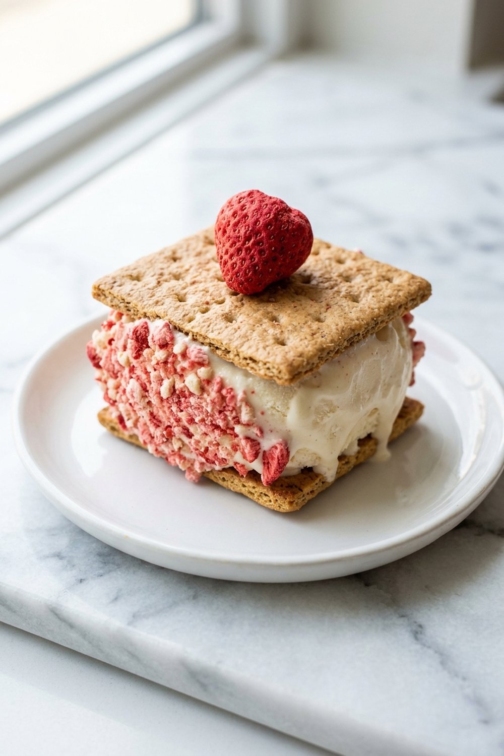 Close up of Strawberry Crunch Ice Cream Sandwiches