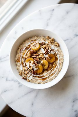 Vegan Banana Foster Oats served on a plate
