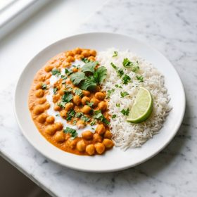 Vegan Chickpea Tikka Masala served on a plate