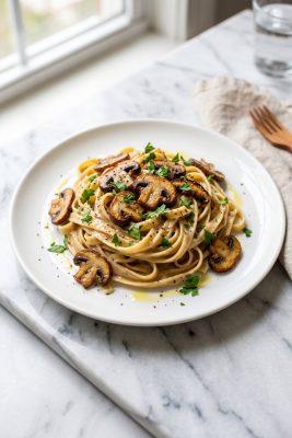 Vegan Creamy Garlic Mushroom Pasta served on a plate