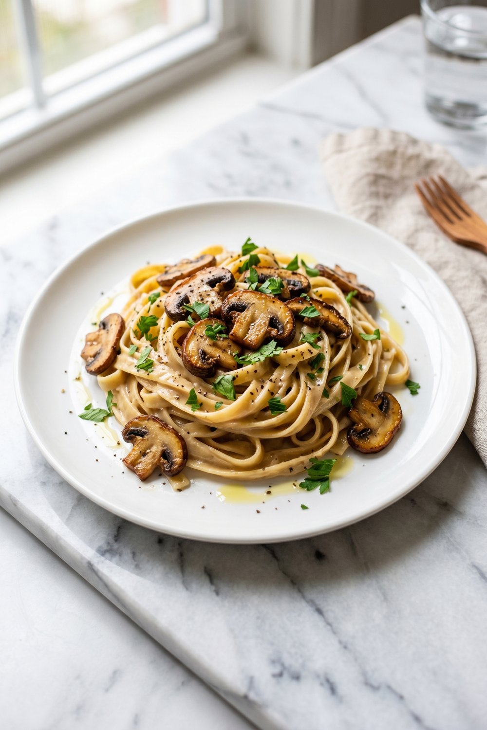 Vegan Creamy Garlic Mushroom Pasta hero shot