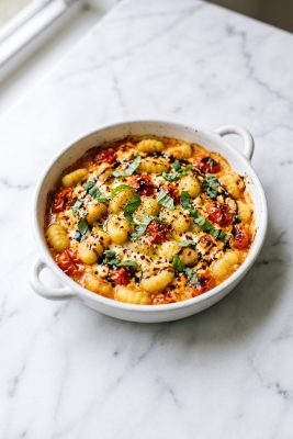 Vegetarian Baked Feta Gnocchi served on a plate