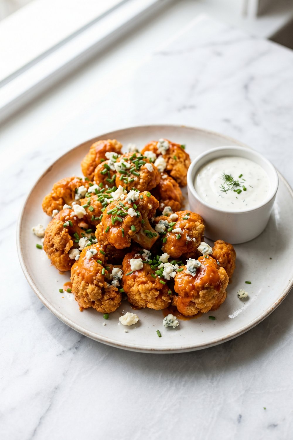 Vegetarian Crispy Buffalo Cauliflower served on a plate