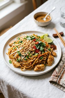 Vegetarian Thai Peanut Noodles served on a plate